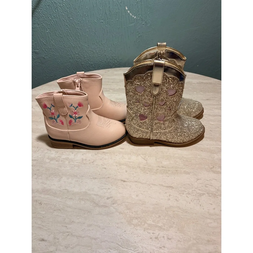 Cat & Jack Toddler Girls Western Boots Lot 2 Whitley Blush Pink Dallas Gold Sz 8